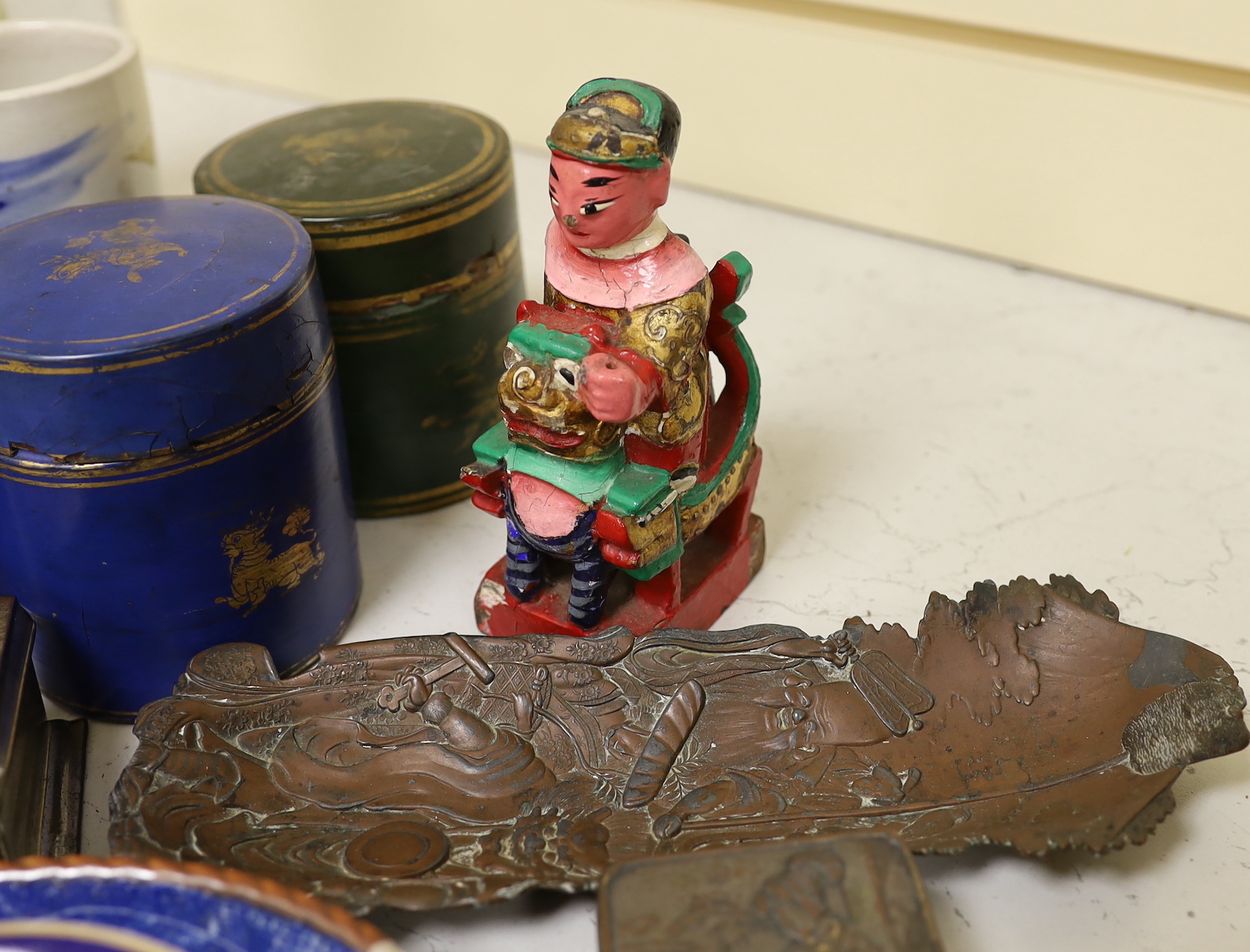 Mixed Japanese ceramics including Satsuma pottery, Japanese and Timoney boxes and covers, Chinese carved and lacquered figure, Burmese lacquer boxes etc.